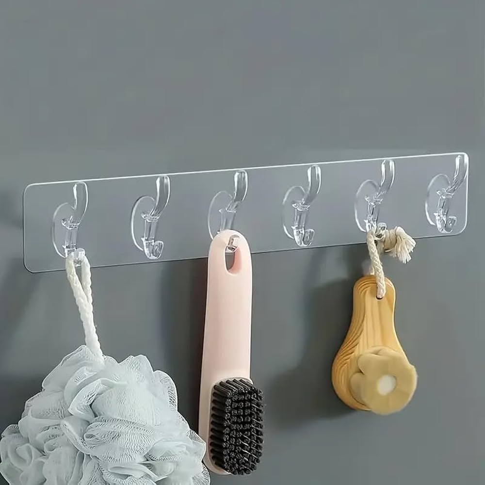 (Pack of 2 ) 6 Row Transparent Wall Hooks Self Adhesive Clothes Coat Door Hanger Towel Key Holder Bathroom Kitchen Storage Sticker Hook