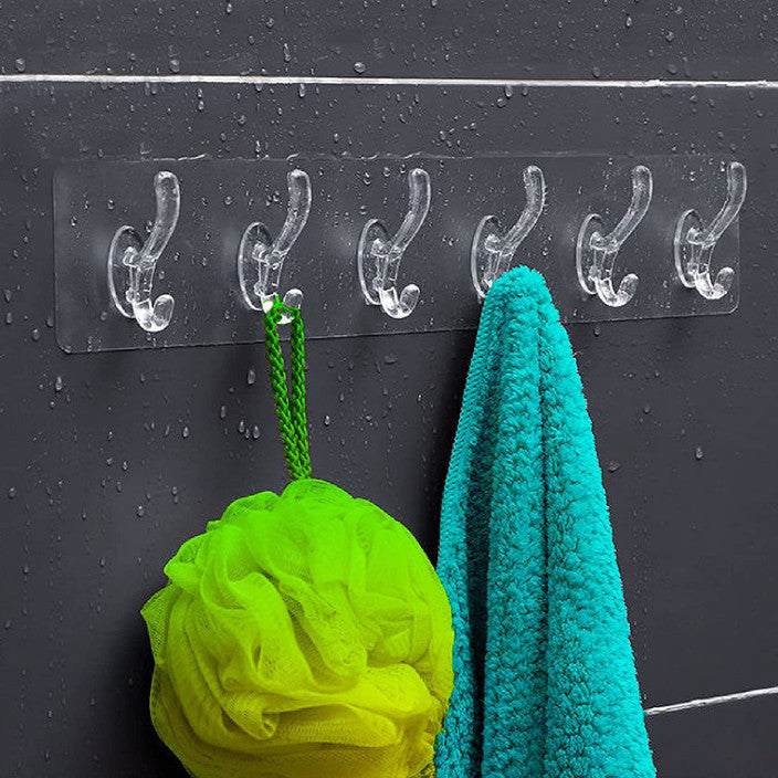 (Pack of 2 ) 6 Row Transparent Wall Hooks Self Adhesive Clothes Coat Door Hanger Towel Key Holder Bathroom Kitchen Storage Sticker Hook