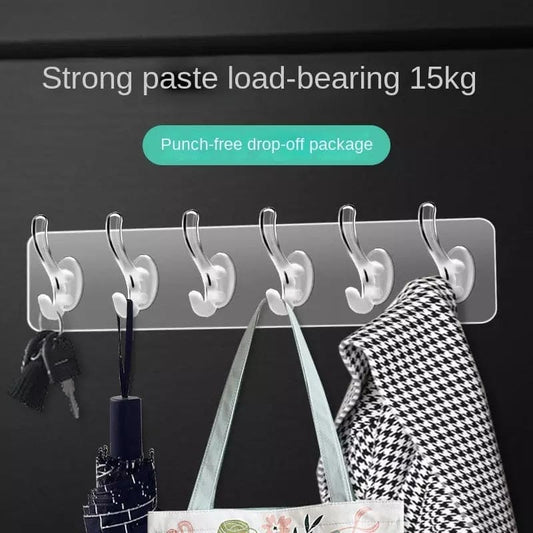 (Pack of 2 ) 6 Row Transparent Wall Hooks Self Adhesive Clothes Coat Door Hanger Towel Key Holder Bathroom Kitchen Storage Sticker Hook